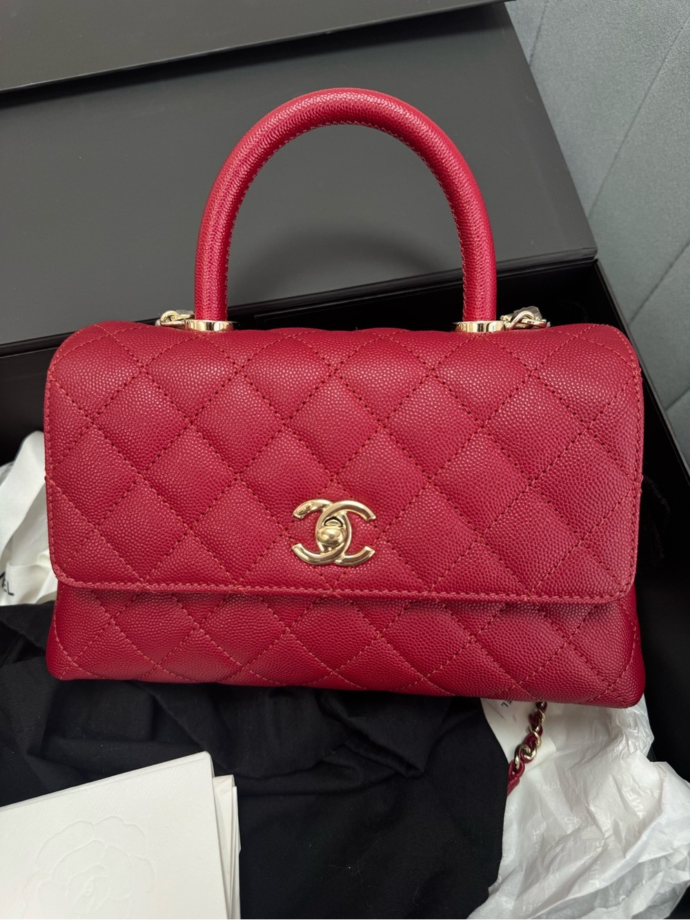 CHANEL Small Coco Handle Dark Red Caviar Light Gold Hardware